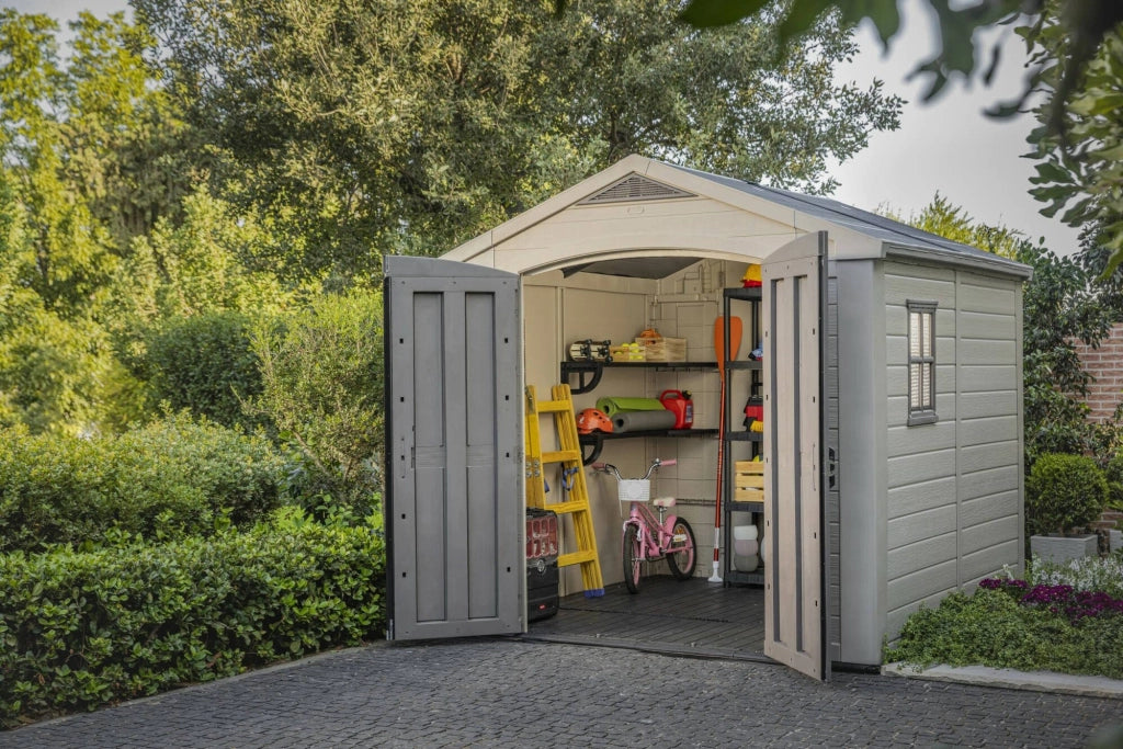 Casetta da giardino Weyburn, Capanno da esterno, Rimessa da giardino, Ripostiglio per attrezzi, 257x255 h243 cm, Beige