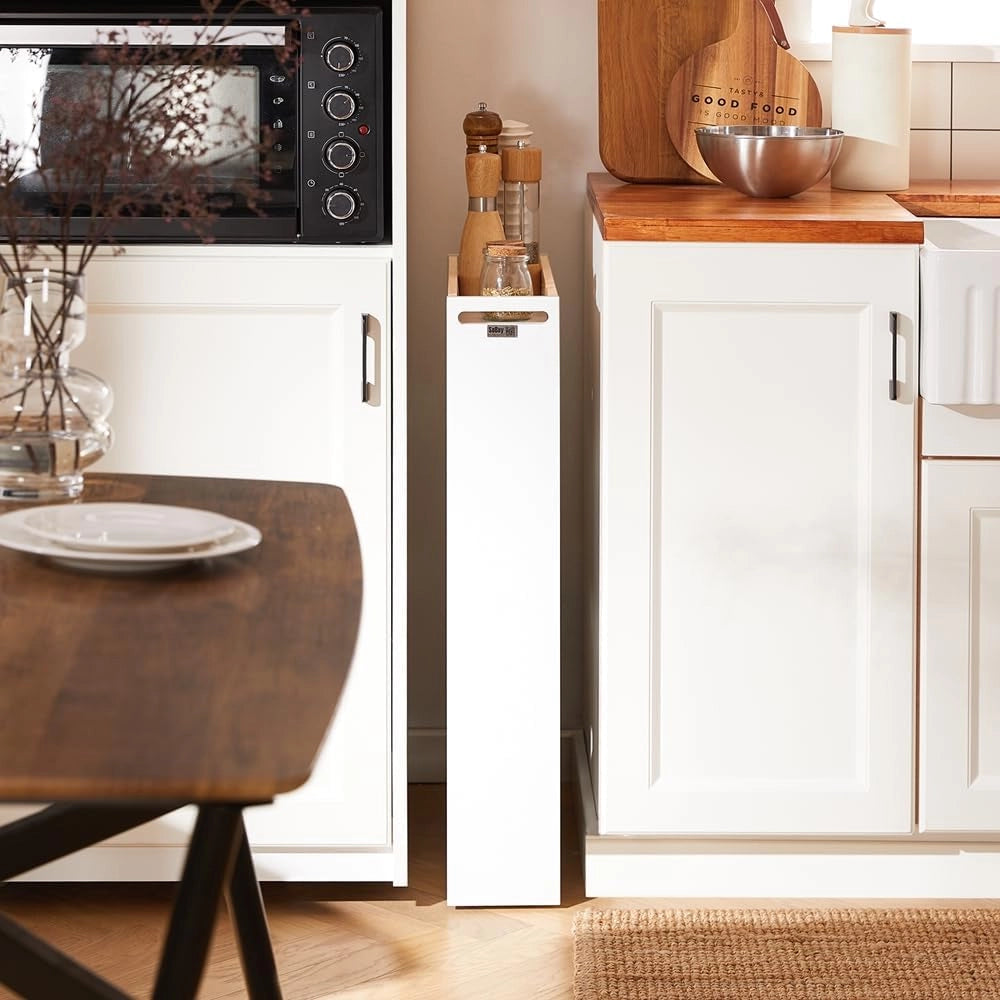 Carrello Cucina Salvaspazio con Ruote 15cm Larghezza – Mobiletto Cucina Stretto con 3 Ripiani, Scaffale Cucina e Portaoggetti per Bagno o Ufficio, Bianco ed Effetto Legno 80x15x50cm NSR12-W