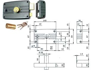 SERRATURA PORTE FERRO C/QUADRO CATEN. E SCR. CIL. FISSO S/AL. 485/486- - mm.60 DX (485603) - 2 pezzi ISEO