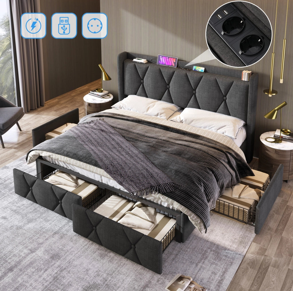 Letto contenitore matrimoniale 140x200 cm con 4 cassetti; USB e prese; grigio