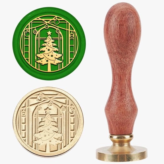 Suggello di Cera con Disegno di Albero di Natale - Manico in Legno - Capo in Ottone - Lunghezza 89mm - 25x14,5mm - Adatto per Carte di Auguri - Suggello con Stampa