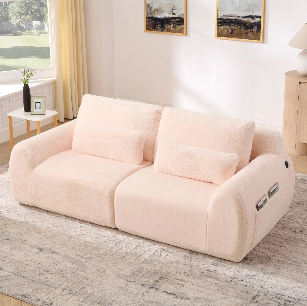 Divano 2 posti 208x101x81 cm rosa, USB e tasca laterale, senza telaio, mousse