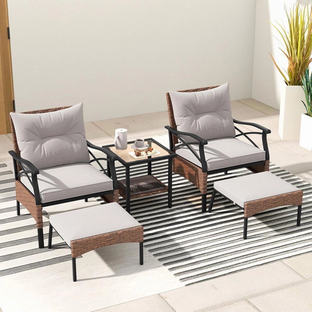 Set di mobili da giardino in rattan, per balconi, balconi, terrazze, 2 poltrone con sgabello, con cuscino, set di mobili da balcone per 2 persone (Marrone)