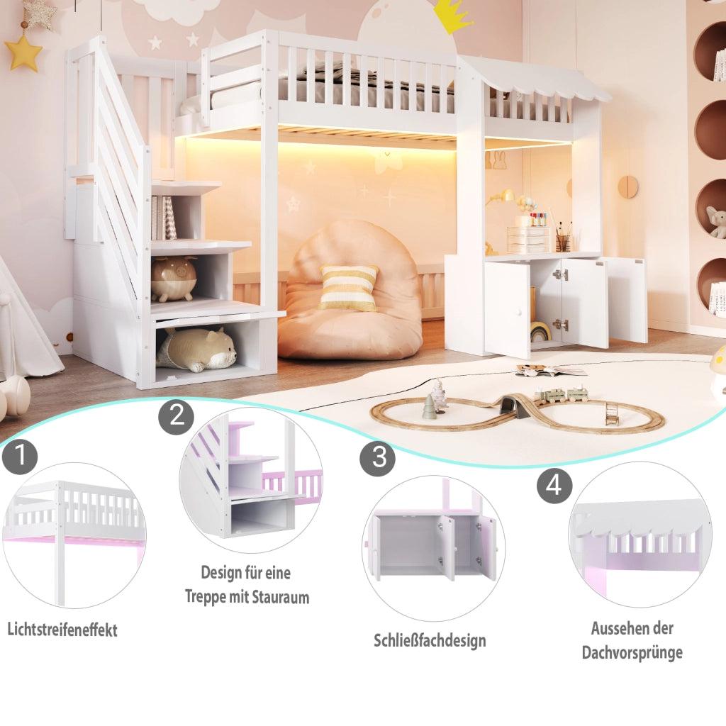 DESMIU Letto a soppalco singolo con scala contenitore, vano portaoggetti e luce LED 90 × 200 cm, senza materasso