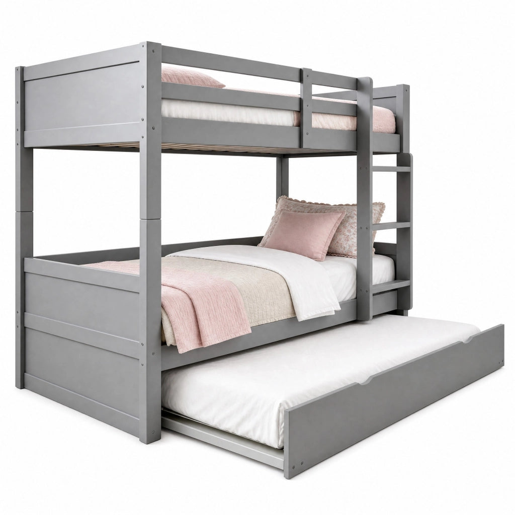 Letto a castello 90x200 cm in legno grigio con letto estraibile; scala e sbarre di sicurezza