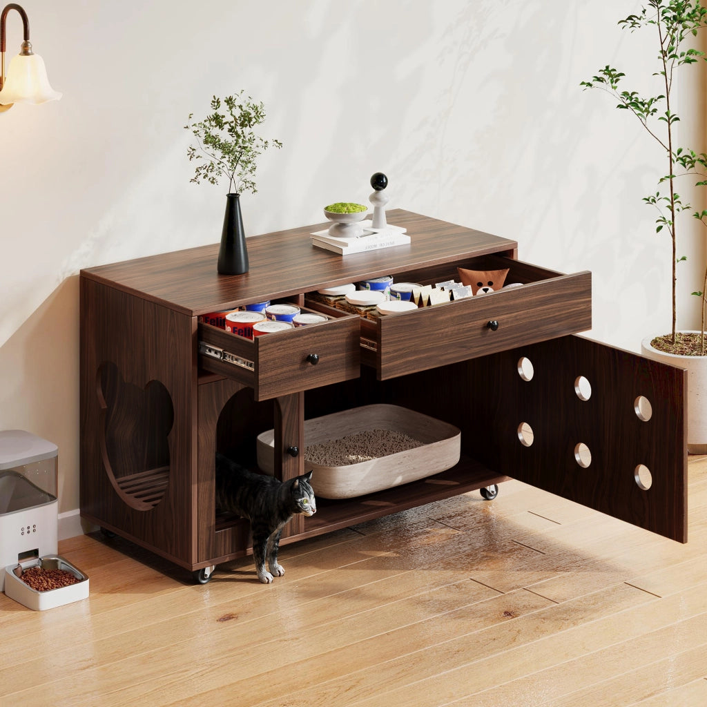 Mobile copri lettiera per gatti con 2 cassetti e vaschetta estraibile, per soggiorno, in MDF, noce, 100 × 45 × 66 cm