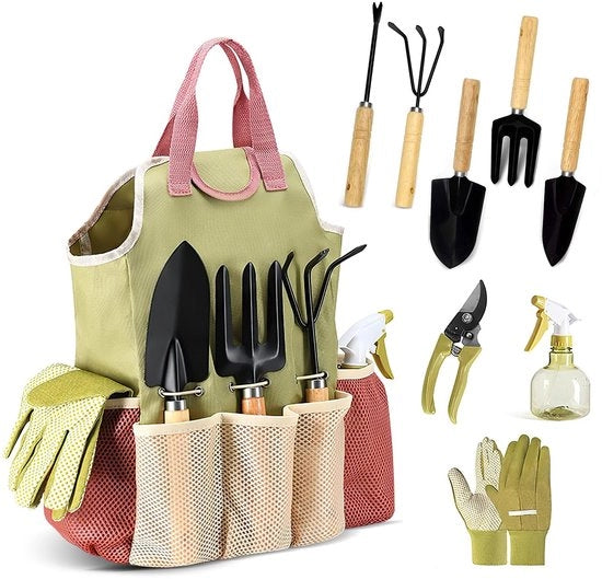 Set di Giardinaggio Ergonomico e Sostenibile 9 pezzi - Verde - Accessori per Giardini - Ideale per gli Amanti del Giardino - Incluso H...