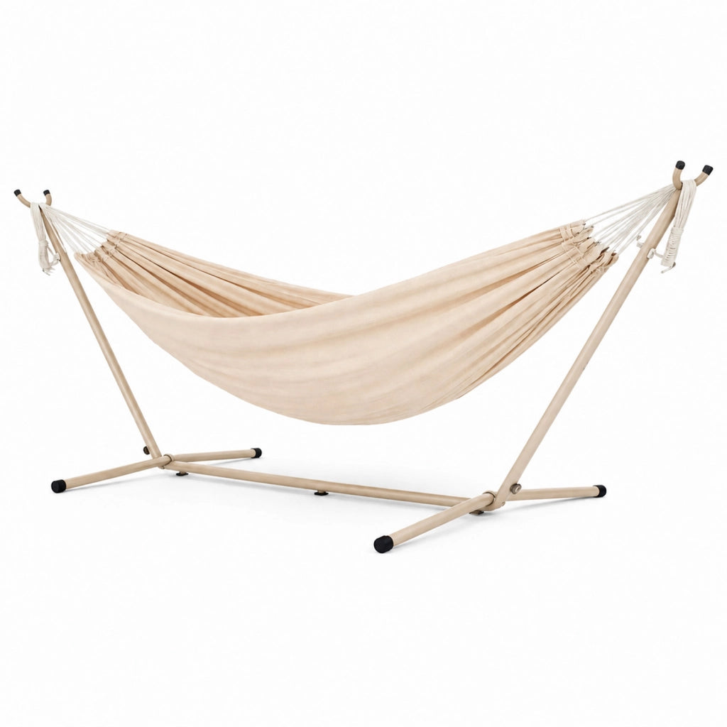 Amaca Brasiliana Con Supporto In Acciaio Altezza Regolabile Telo Cotone Da Esterno Per Giardino Balcone Piscina 100 x 110 x 265 Cm Beige