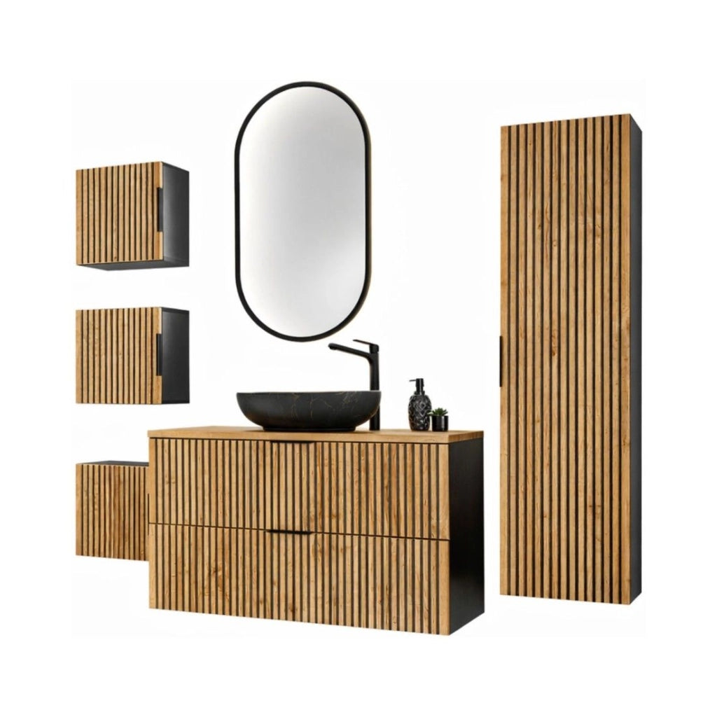 Set KINOKO: mobile sottolavabo 100cm + lavabo nero da appoggio + 1 specchio LED + mobili di contenimento