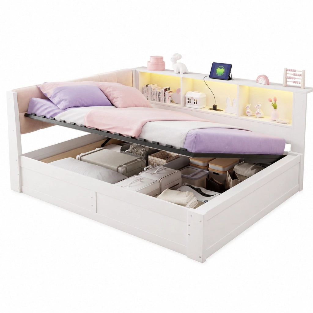 Letto Contenitore Letto Singolo 140x200 cm; con USB; LED e Scaffale laterale in Bianco