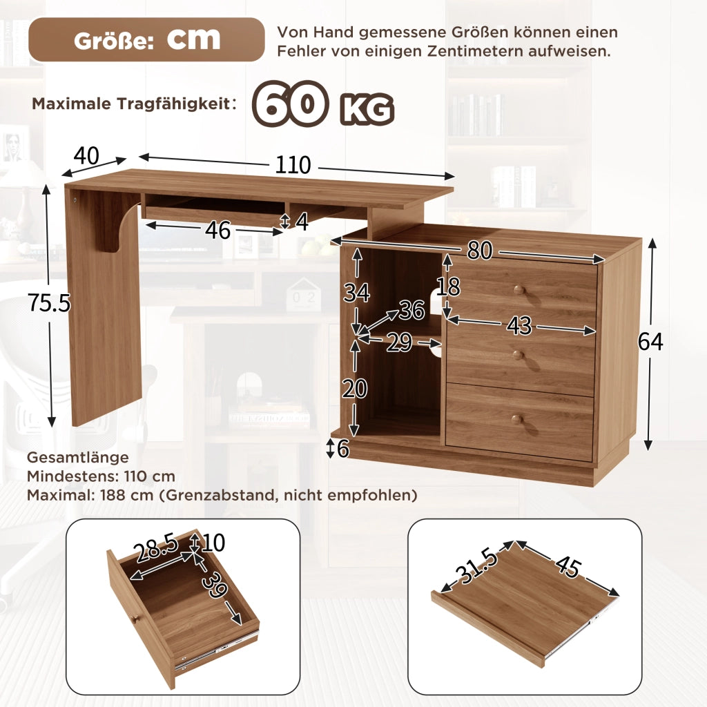 Scrivania estraibile con cassetto tastiera, 2 vani aperti e 3 cassetti, per studio, in MDF, noce, 110 × 40 × 75.5 cm