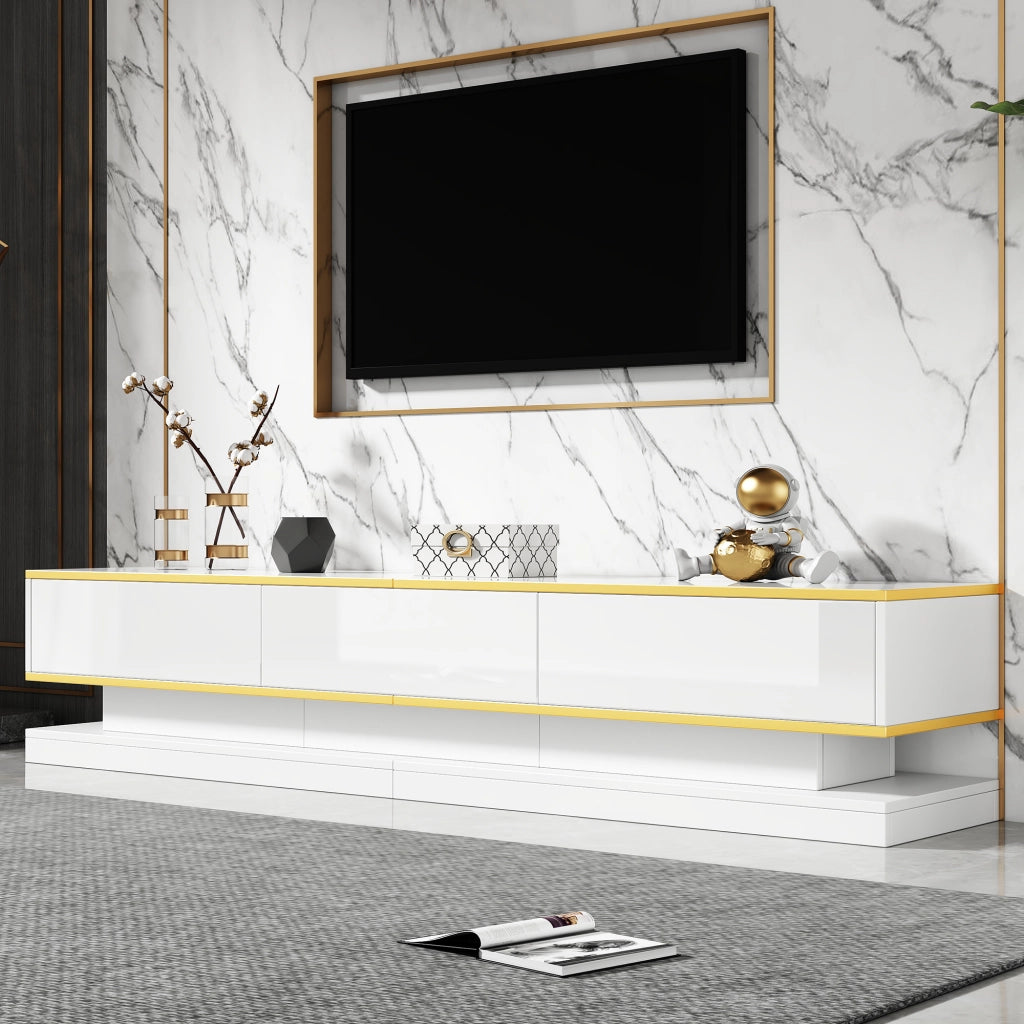 Mobile porta tv 200 cm bianco lucido con 3 cassetti e bordo dorato