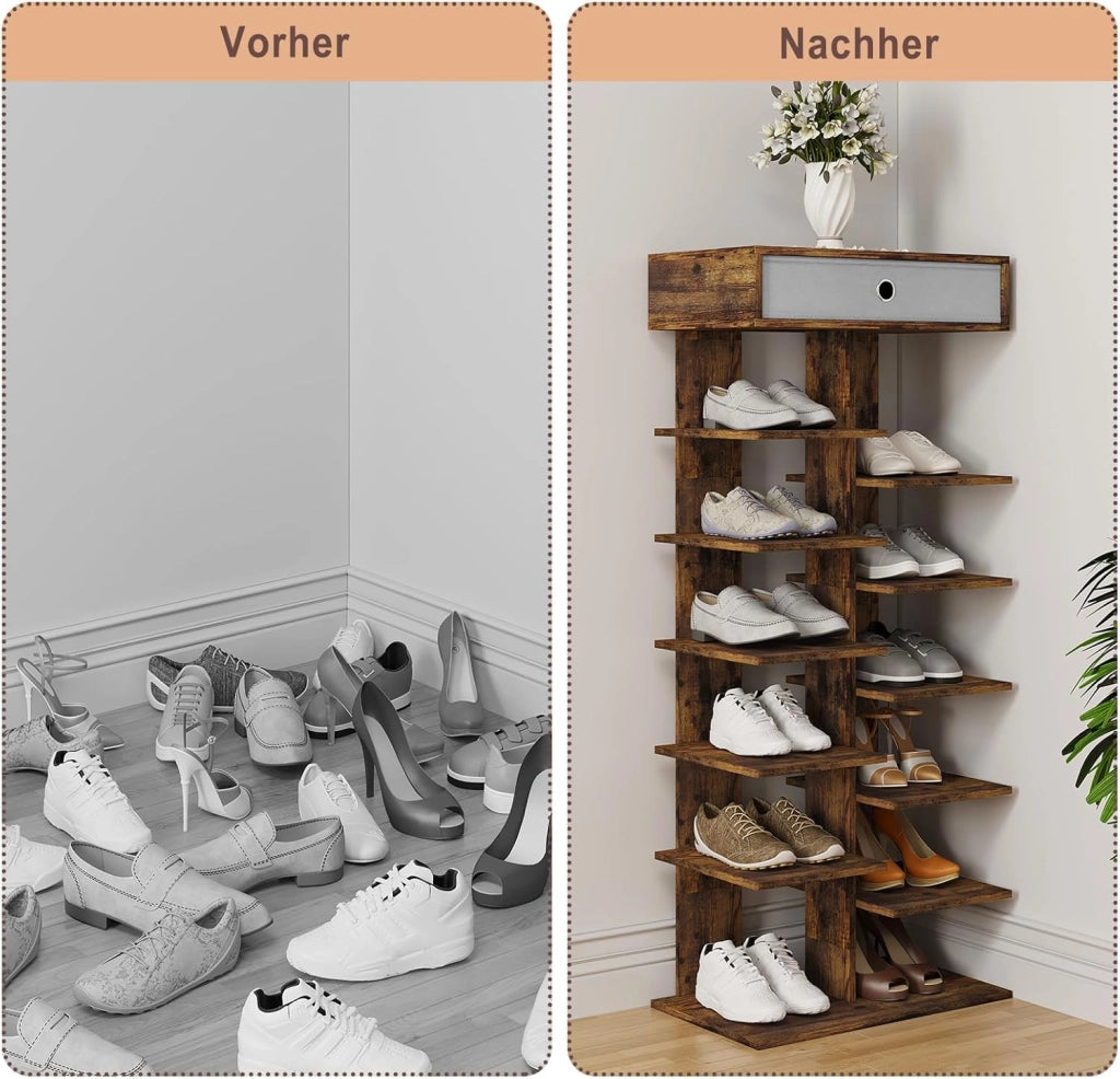 Scarpiera con cassetto, effetto legno, scarpiera con 12 ripiani, organizer per scarpe, per ingresso, corridoio, soggiorno, 49,5 x 118 x 30 cm