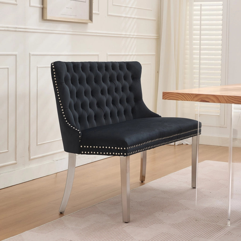 Panca da Pranzo Imbottita 2 Posti ¨C MINIMAL ¨C Velluto Nero, Gambe in Metallo