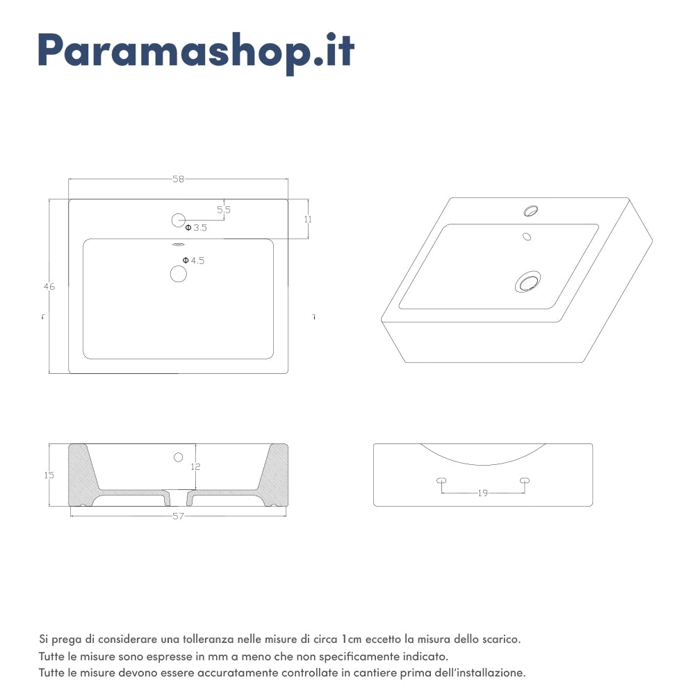 Lavabo da appoggio rettangolare con troppopieno 56x45x15 cm Bianco
