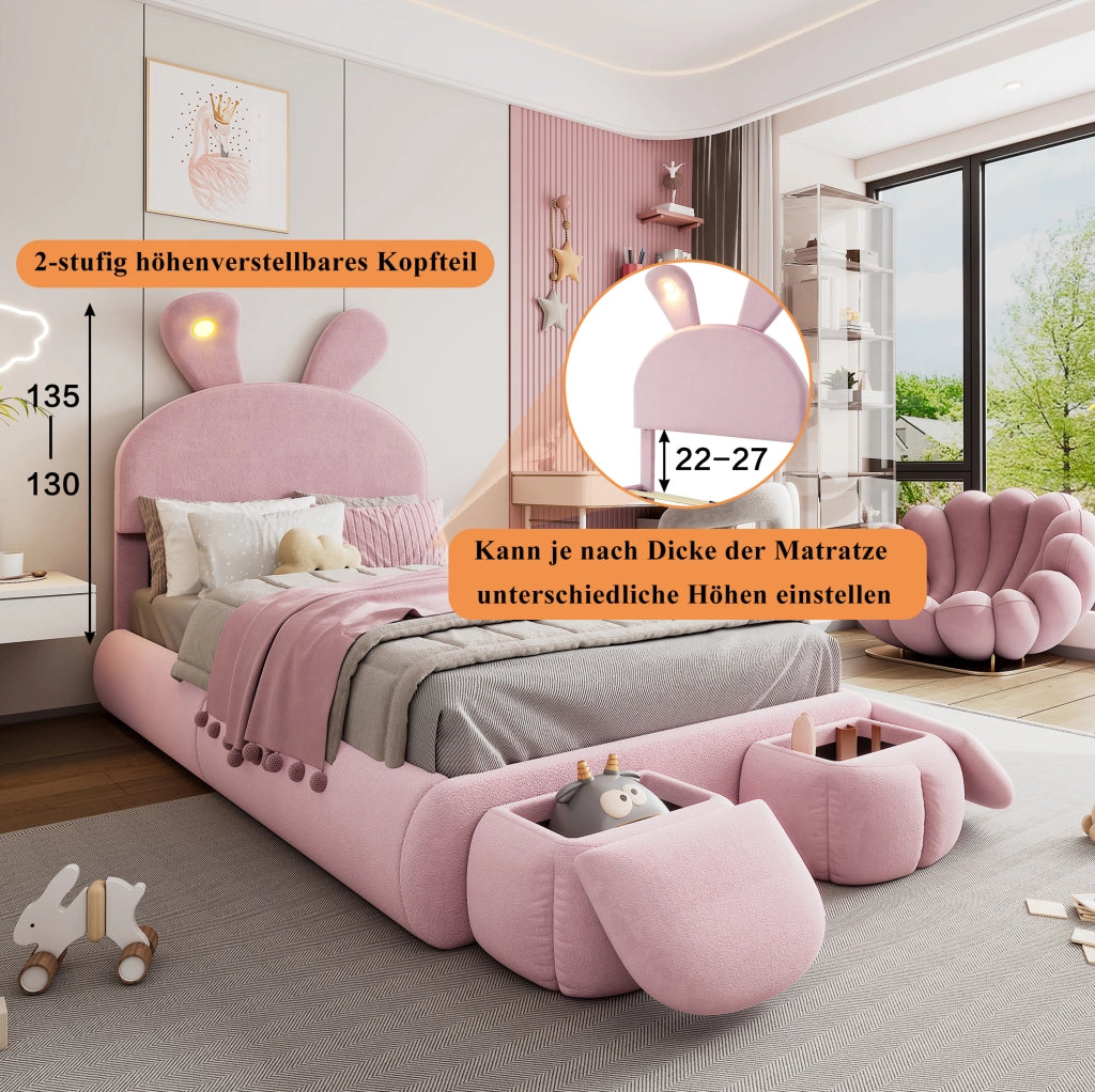 Letto singolo imbottito con orecchie da coniglio LED; velluto rosa; 90x200 cm