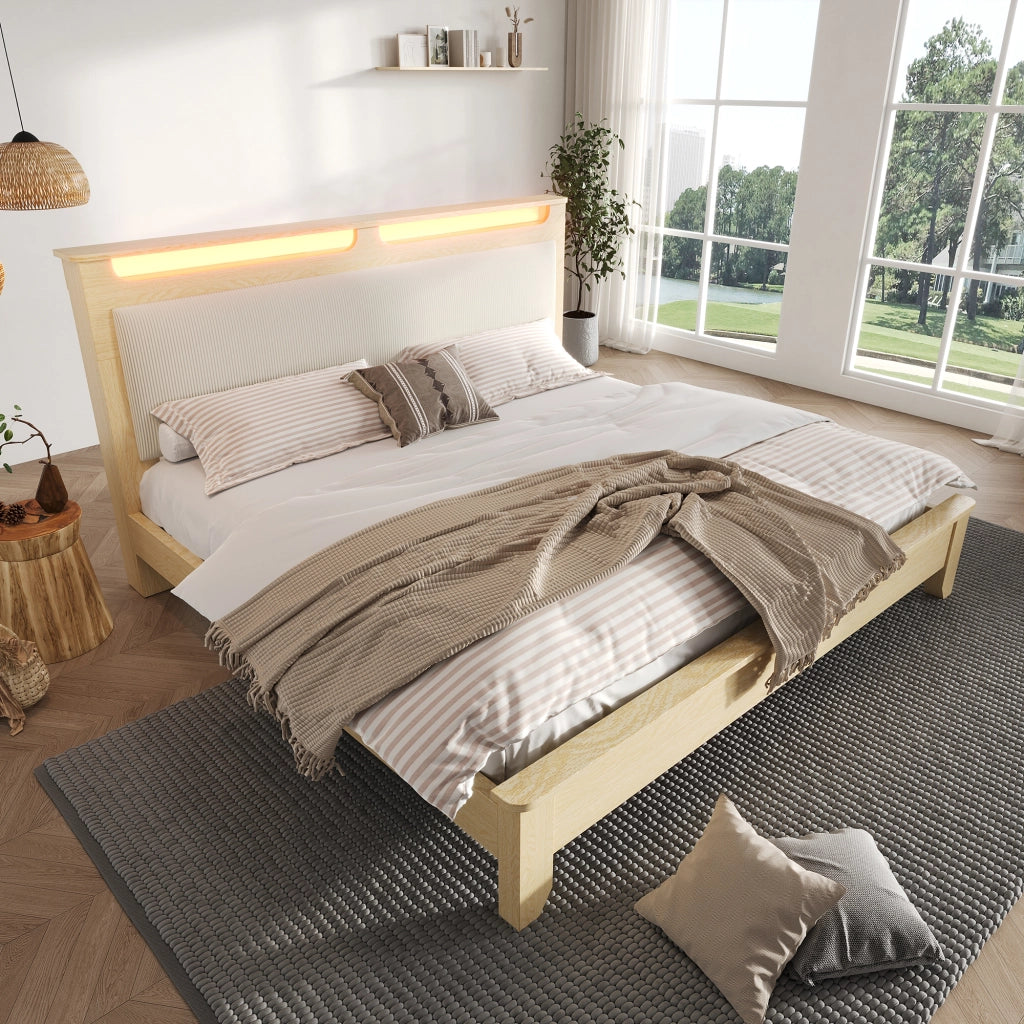 OKWISH Letto Contenitore 140×200 cm, Letto Matrimoniale con Contenitore in Testiera, LED Regolabile e Mensole, senza Materasso, Beige