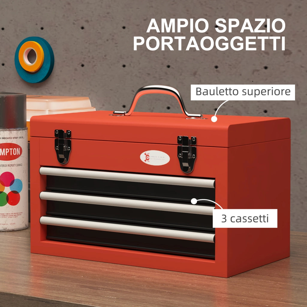 Cassetta Porta Attrezzi con 3 Cassetti e Vano Superiore in Acciaio con Maniglia, 45x24x27cm, Rosso
