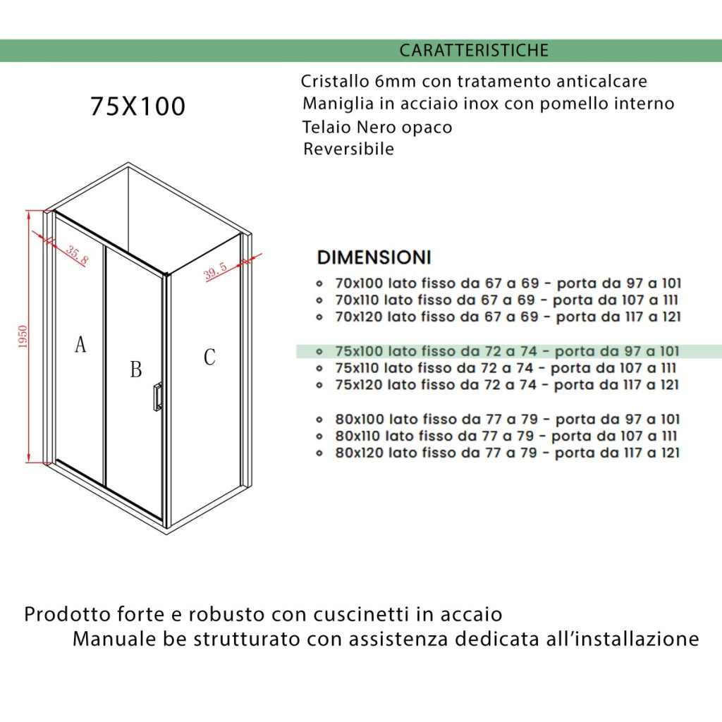 Box doccia due lati apertura scorrevole profili neri 6mm h195 agata, misura 75x100