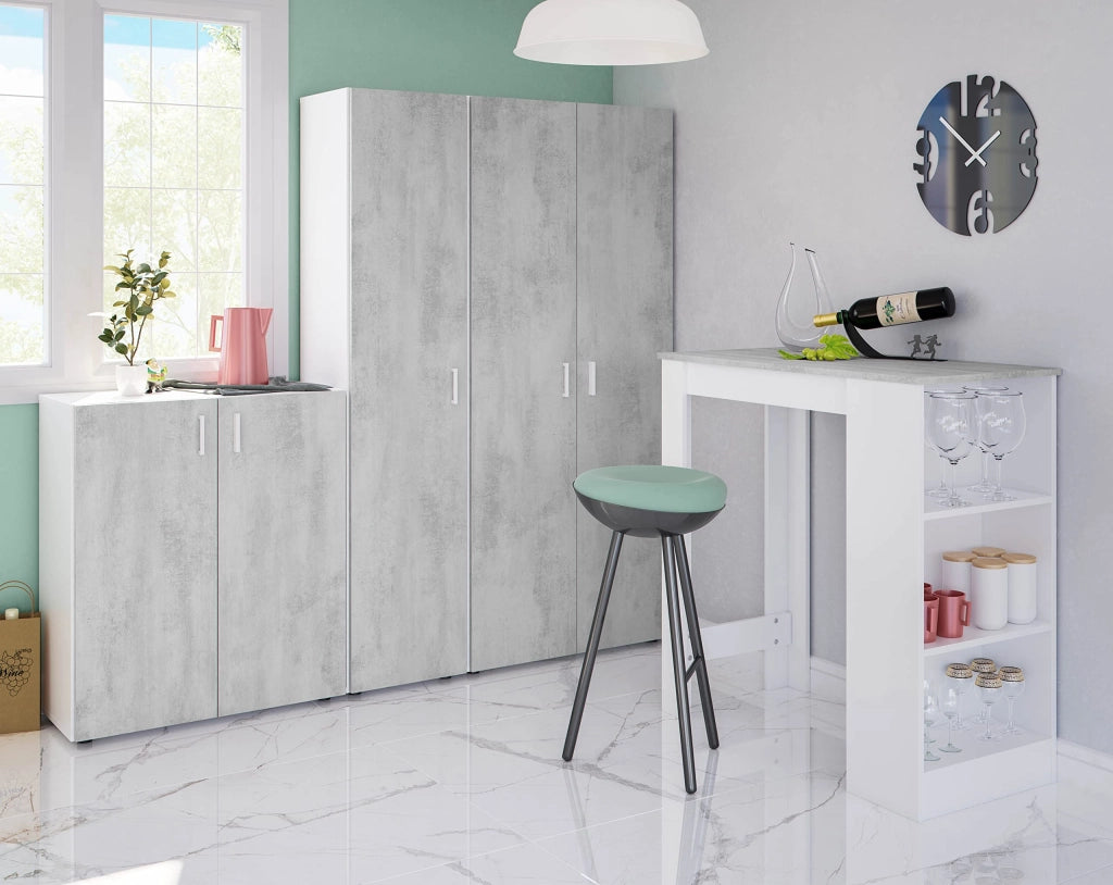 Armadio Alto Multiuso Con Doppia Anta E 4 Ripiani Ideale Per Bagno Ingresso Camera Da Letto Garage Ripostiglio Design Moderno Huelva L 80 x 37 x 182 Cm Bianco E Grigio Cemento