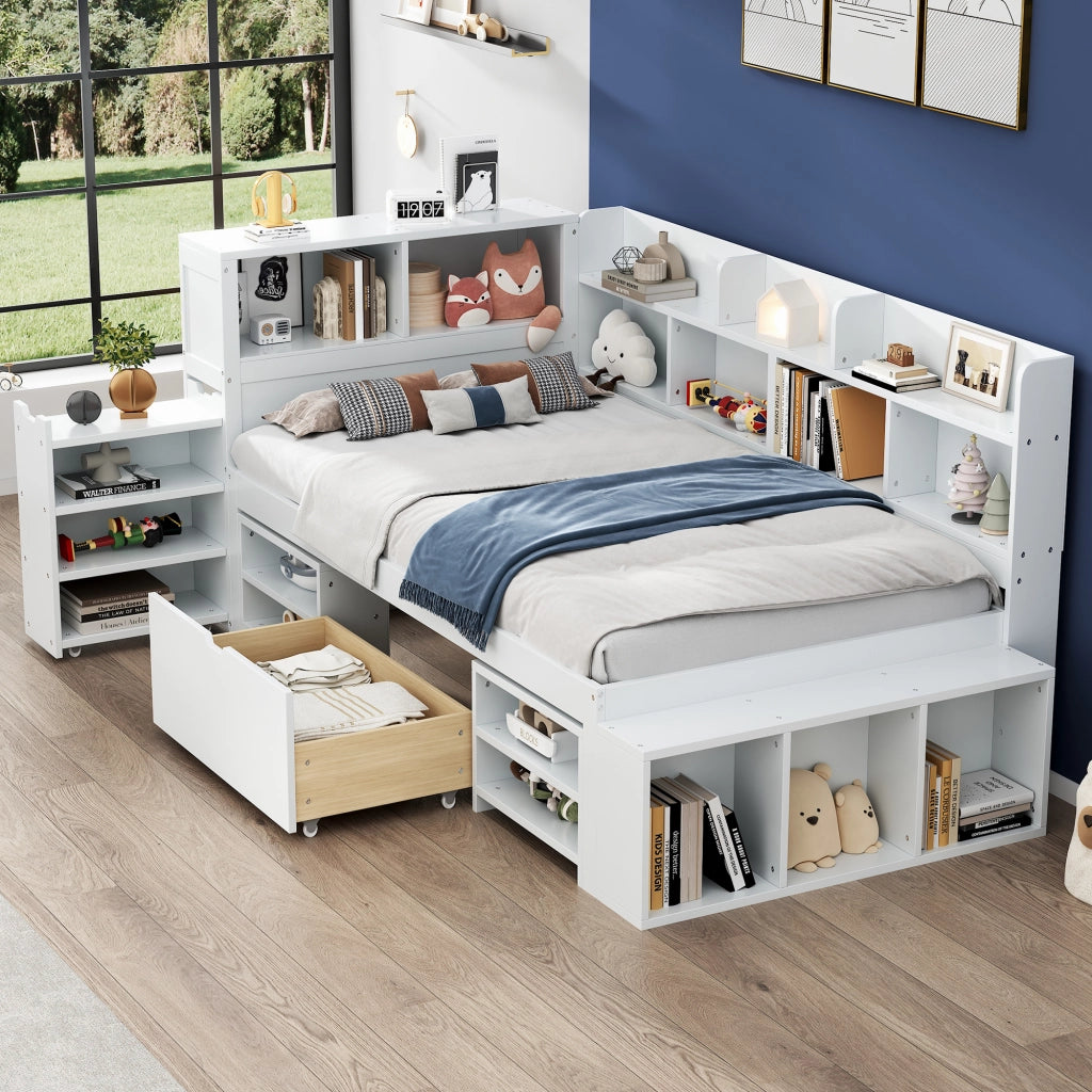 Letto Singolo 90x200 cm Contenitore; Cassetti; Mensole e Armadi in Compensato Bianco
