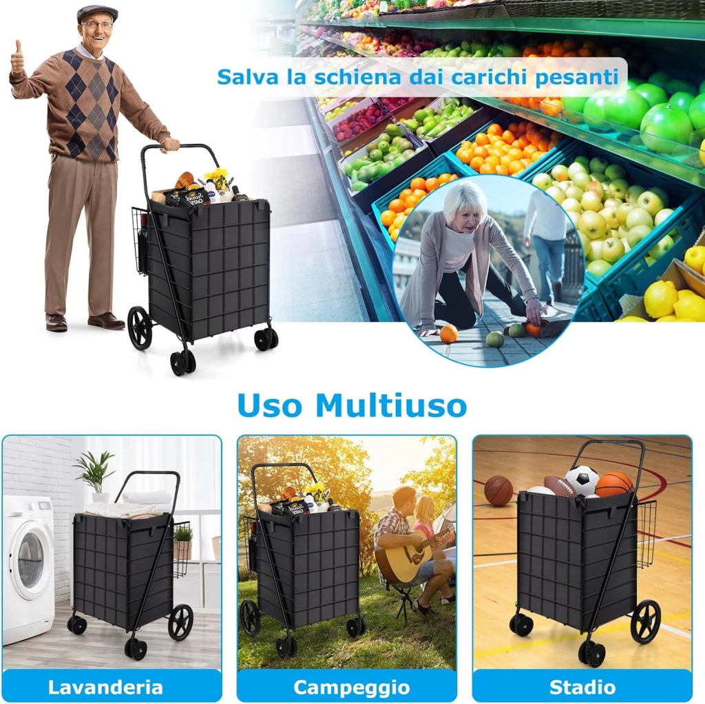 Carrello Portaspesa Pieghevole, Carrello Spesa con Ruote Girevoli a 360° e Borsa Impermeabile Removibile, Capacità di Carico 40 kg, 102L, 61 x 60 x 102 cm