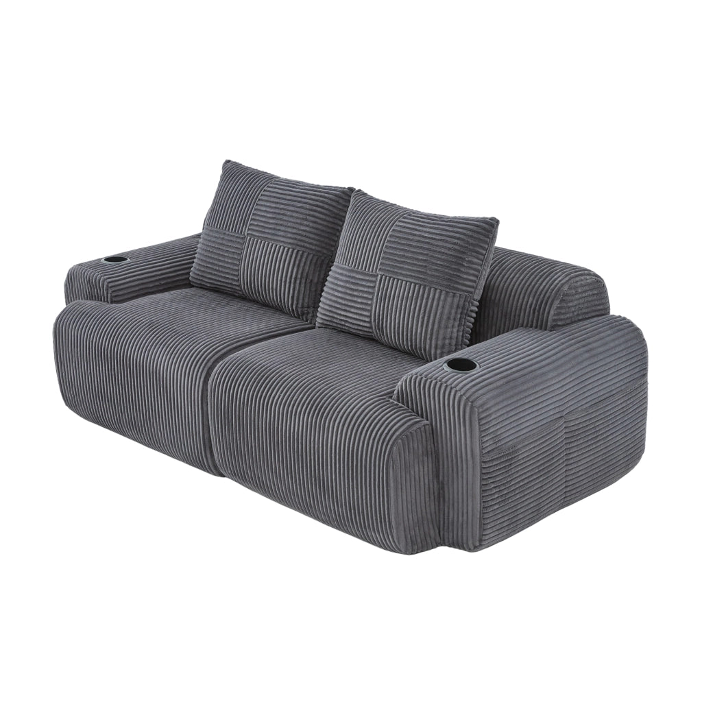 Divano modulare 2 posti in corduroy grigio scuro, con portabicchieri e tasca laterale, imbottitura in schiuma ad alta densità