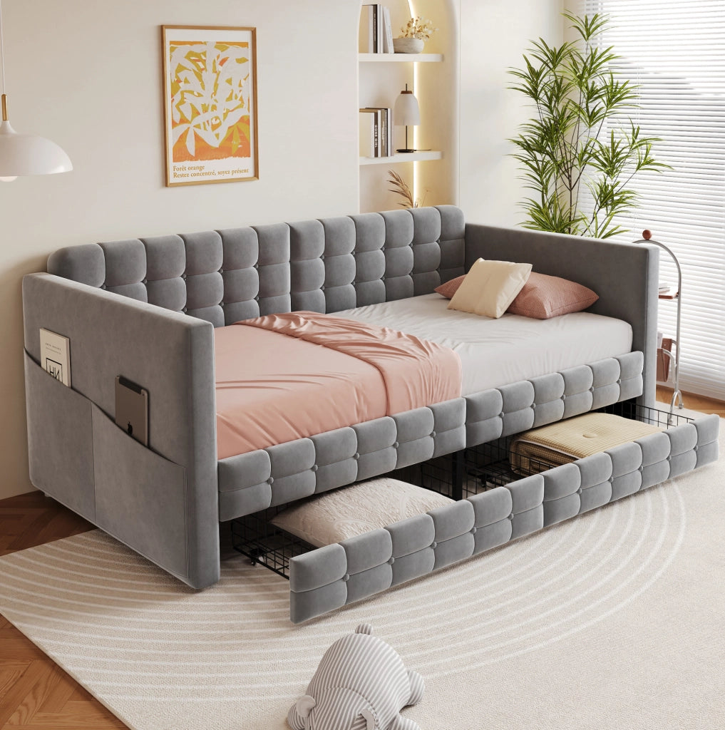 Letto imbottito 90x190 cm grigio con cassetti e tasche
