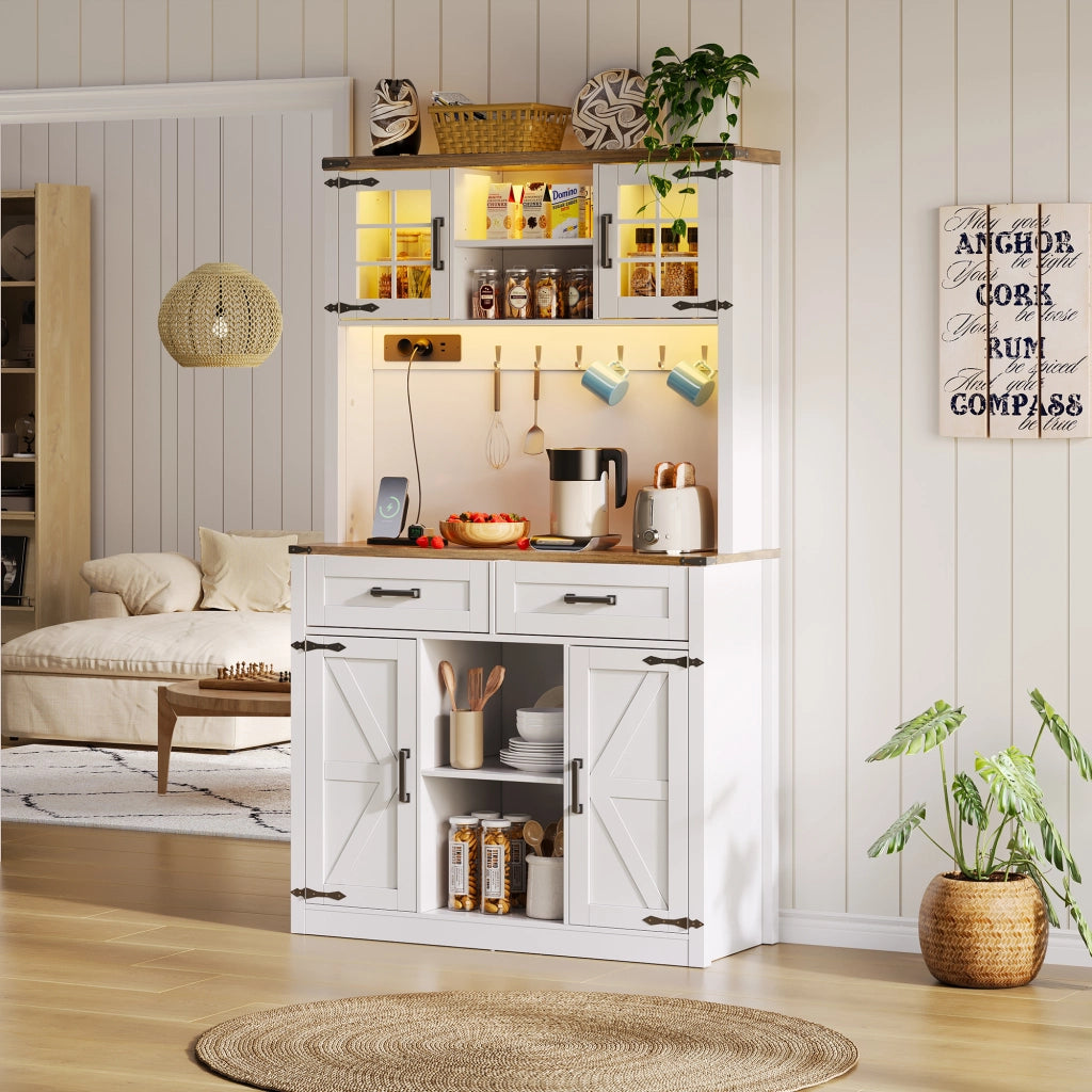 Credenza da Cucina con 2 Cassetti; 4 Vani; Ripiani Regolabili; LED e Prese; in MDF; Marrone e Bianco