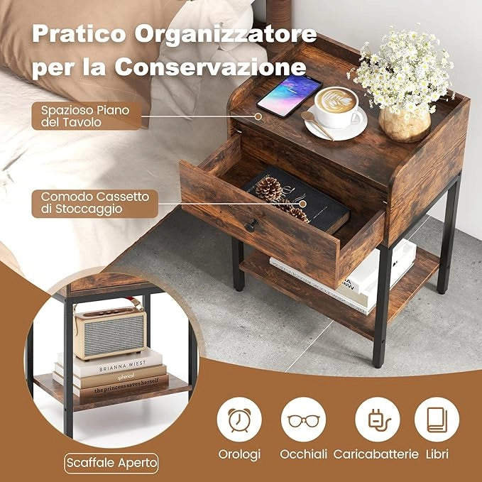 Comodino Camera da Letto 42 x 30 x 60cm in Metallo con Cassetto, Comodino con Ripano Aperto, Tavolino con Piedini Regolabili, per Ufficio e Soggiorno