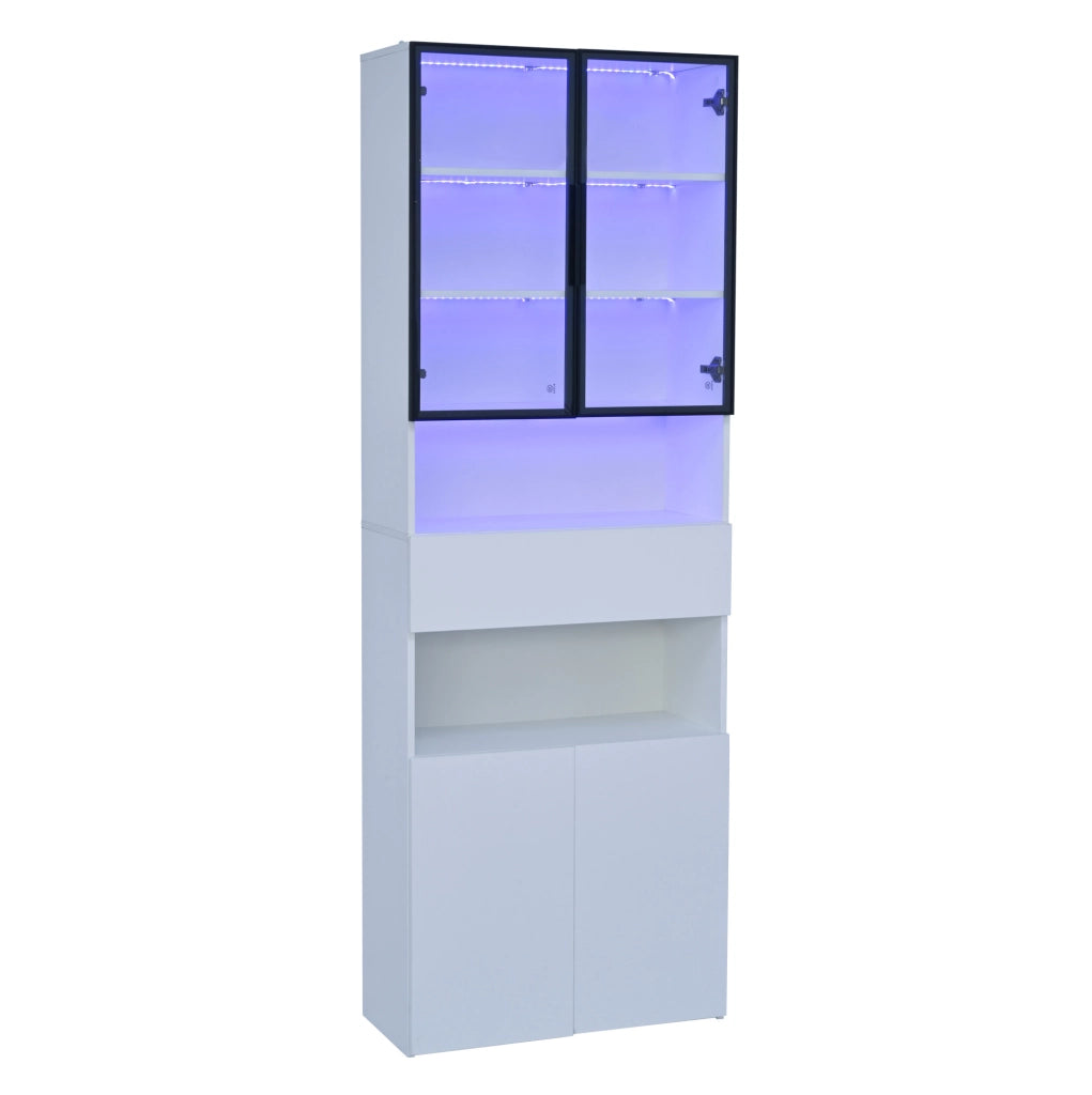 Vetrina 70x30x200 cm bianca in truciolare con LED e contenitore