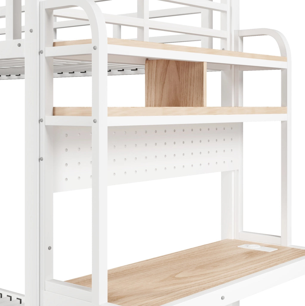 Letto a castello 90x200 cm in metallo e MDF con scrivania; ripiani; LED e USB; bianco