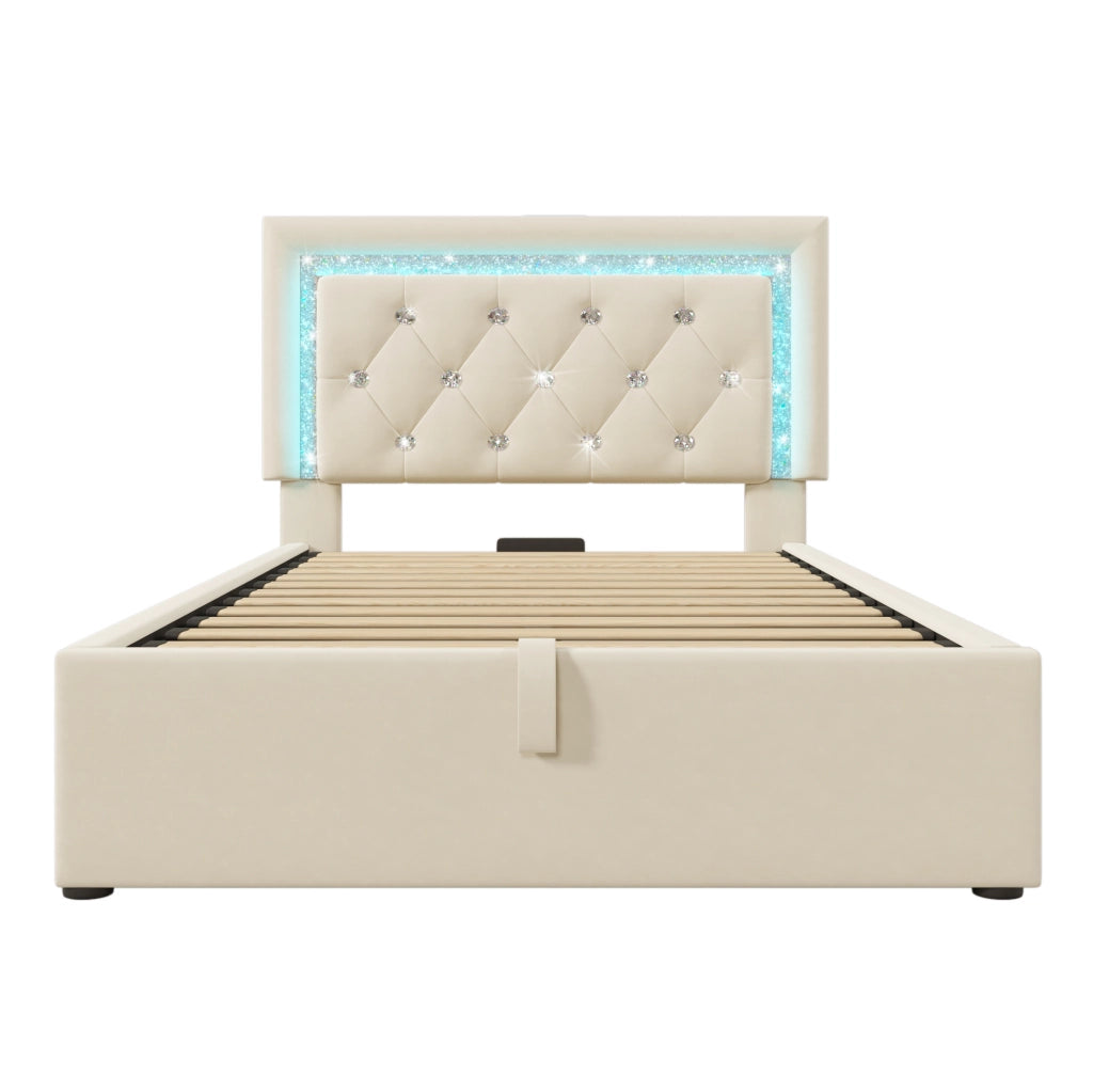 Letto singolo 90x200 cm con contenitore; LED e porta USB C; velluto beige