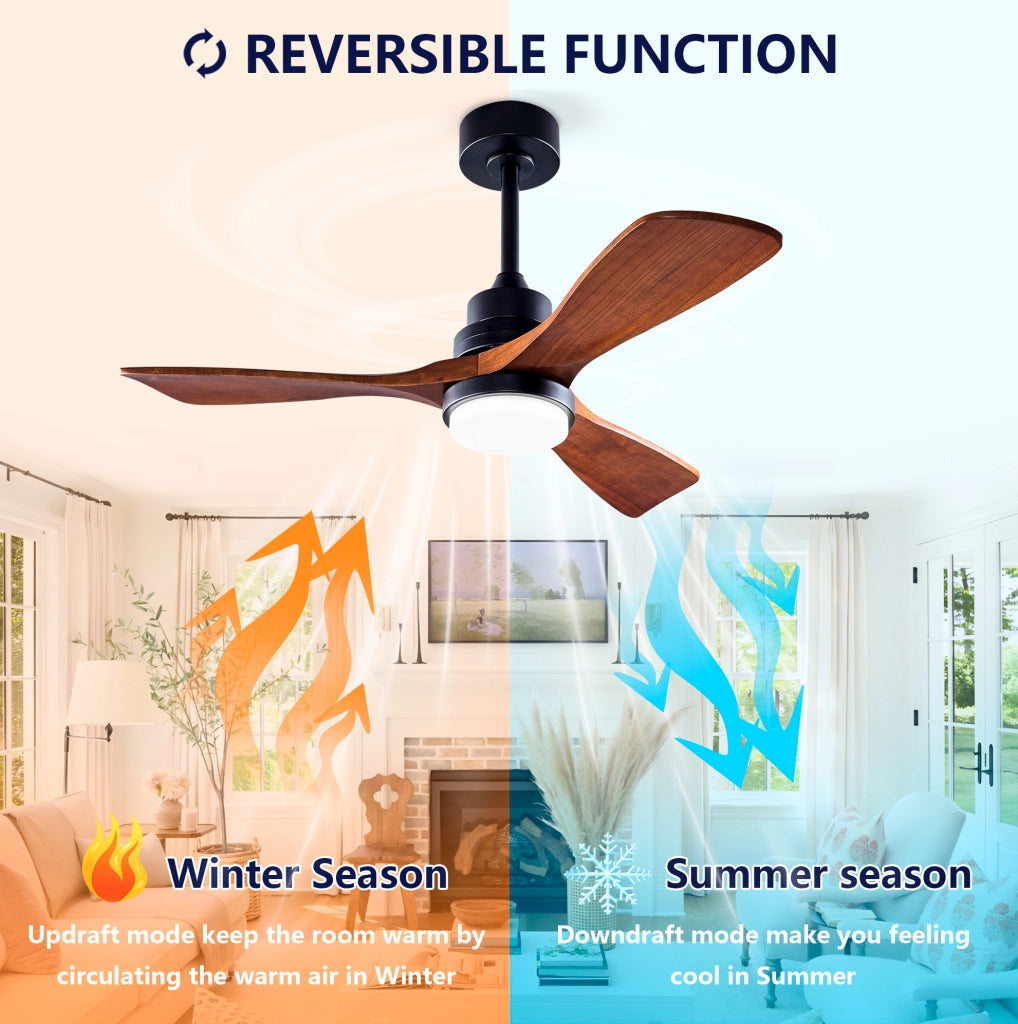 Ventilatore da soffitto con luce 42 pollici; motore DC reversibile; nero e noce scuro