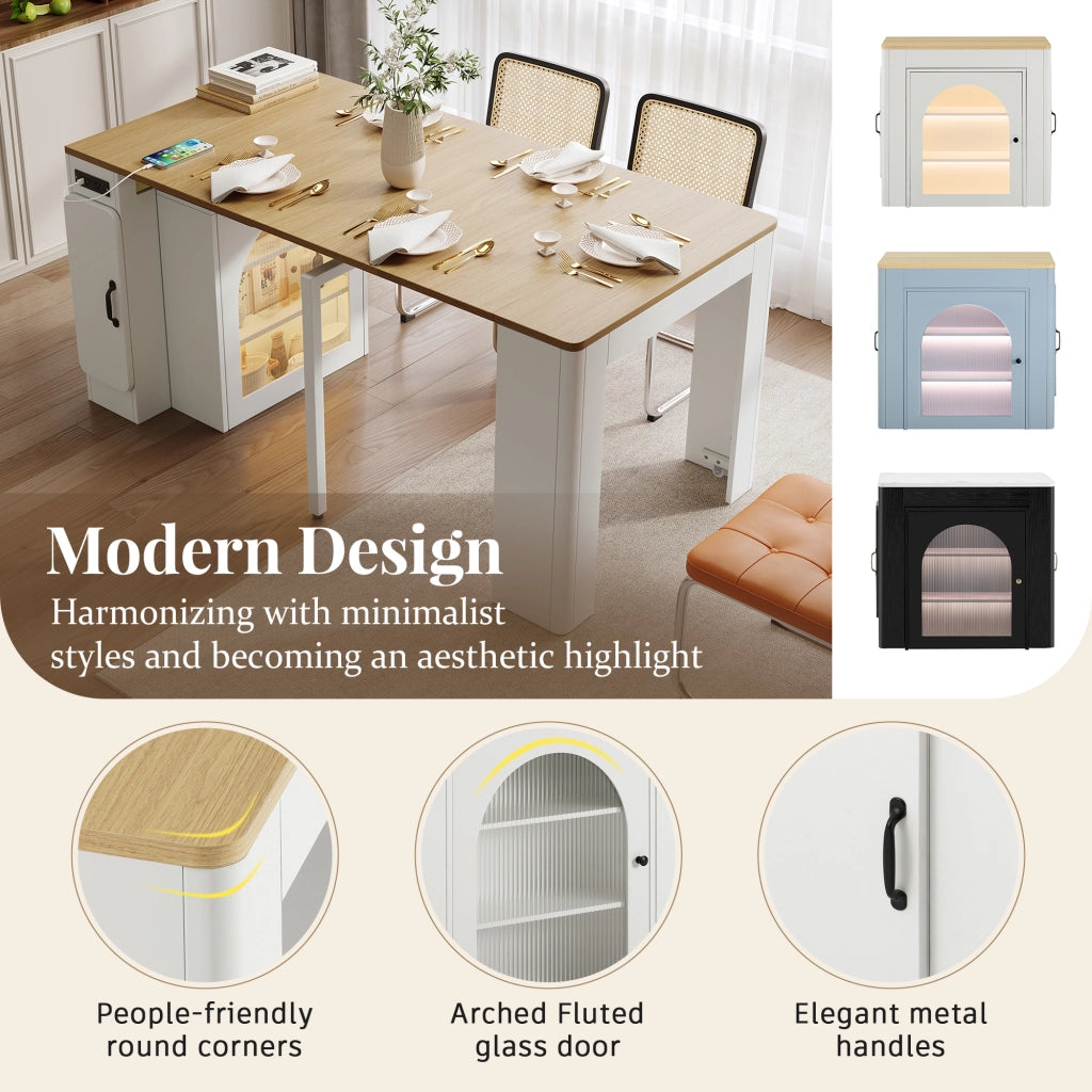 Carrello da Cucina con Tavolo Estensibile; 3 Piani; Vani; Ruote; LED e Prese; in MDF e Vetro; Bianco Naturale