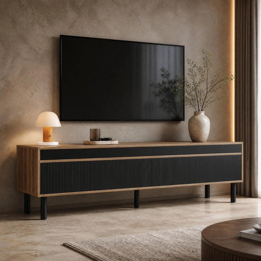 MOBILE TV con 4 ante 170 x 38 x 47,7 cm MDF e truciolare nero e naturale