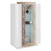 Vetrina moderna con anta a Ablaze, Made in Italy, Mobile vetrinetta da soggiorno, cm 80x38h121, Bianco lucido e Acero, con luce LED bianca