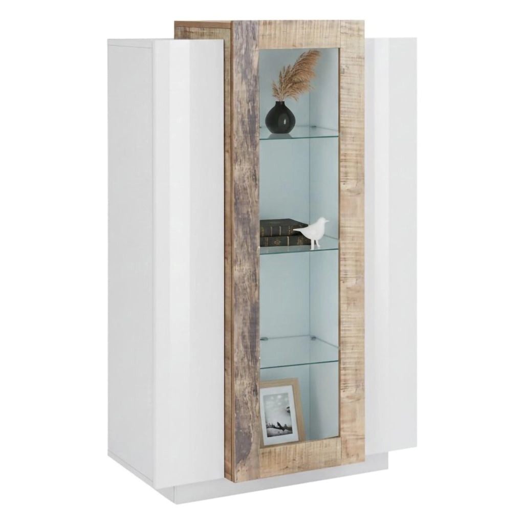 Vetrina moderna con anta a Ablaze, Made in Italy, Mobile vetrinetta da soggiorno, cm 80x38h121, Bianco lucido e Acero, con luce LED bianca