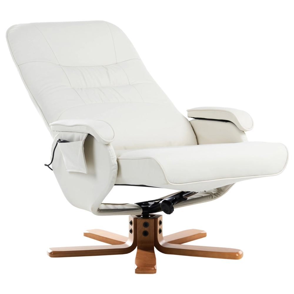 Poltrona reclinabile bianco sporco con poggiapiedi Struttura in legno imbottita in ecopelle Girevole regolabile Riscaldamento Funzione massaggio Design retrò