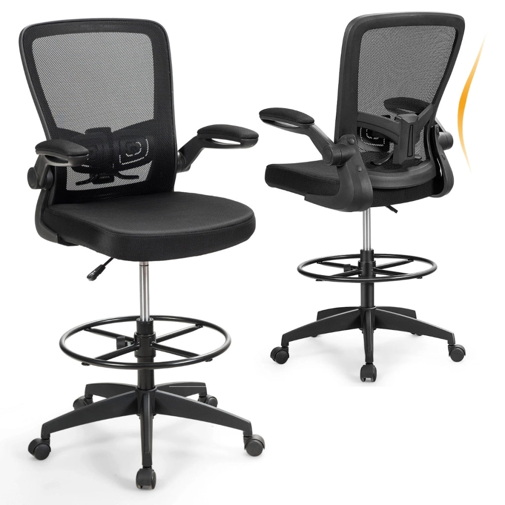 Sedia girevole con altezza regolabile braccioli a ribalta anello poggiapiedi, Sedia da ufficio 68x68x108-128cm Nero-Sedie da ufficio