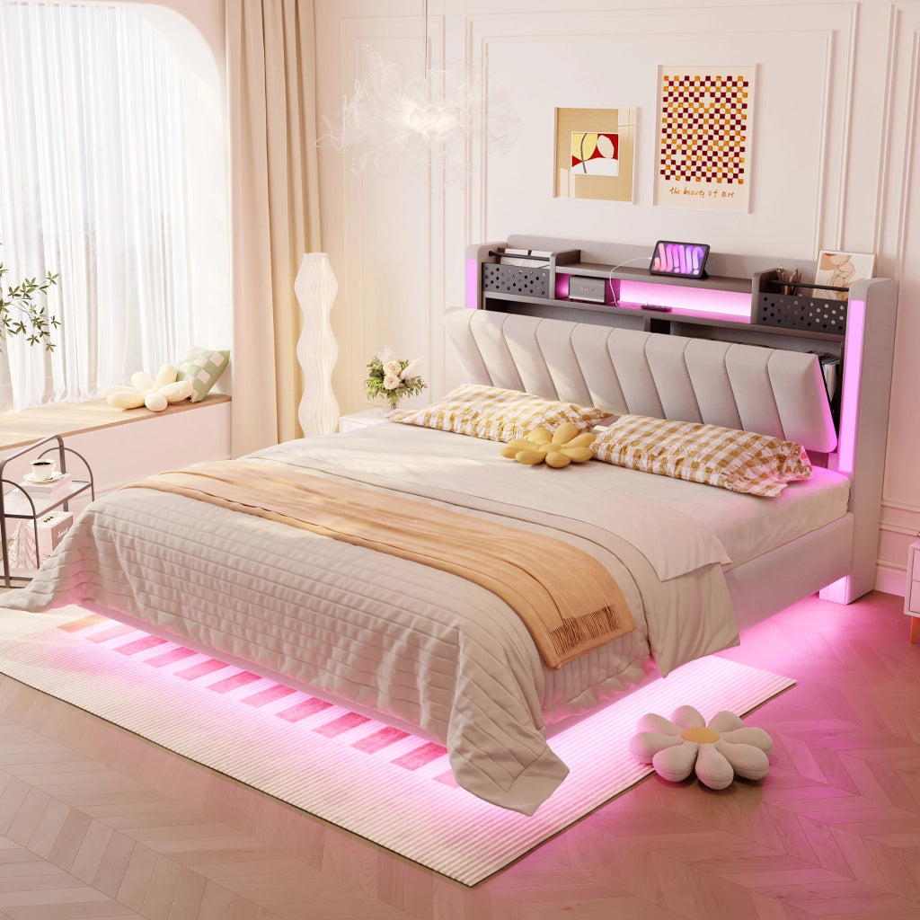 LETTO Imbottito 140x200 cm Beige con LED e porta USB