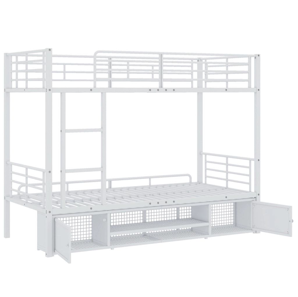 Letto a castello in metallo 90x200 cm bianco con scala; sponde; scarpiera e 2 armadietti