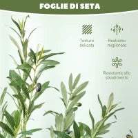 Pianta Artificiale di Olivo Alta 180 cm, Albero Finto con 900 Foglie e 40 Olive, Vaso Incluso