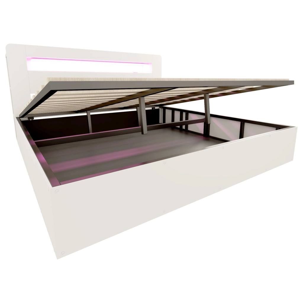 Letto contenitore 180 × 200 cm con sollevamento idraulico, LED, prese e ripiani, senza materasso, bianco
