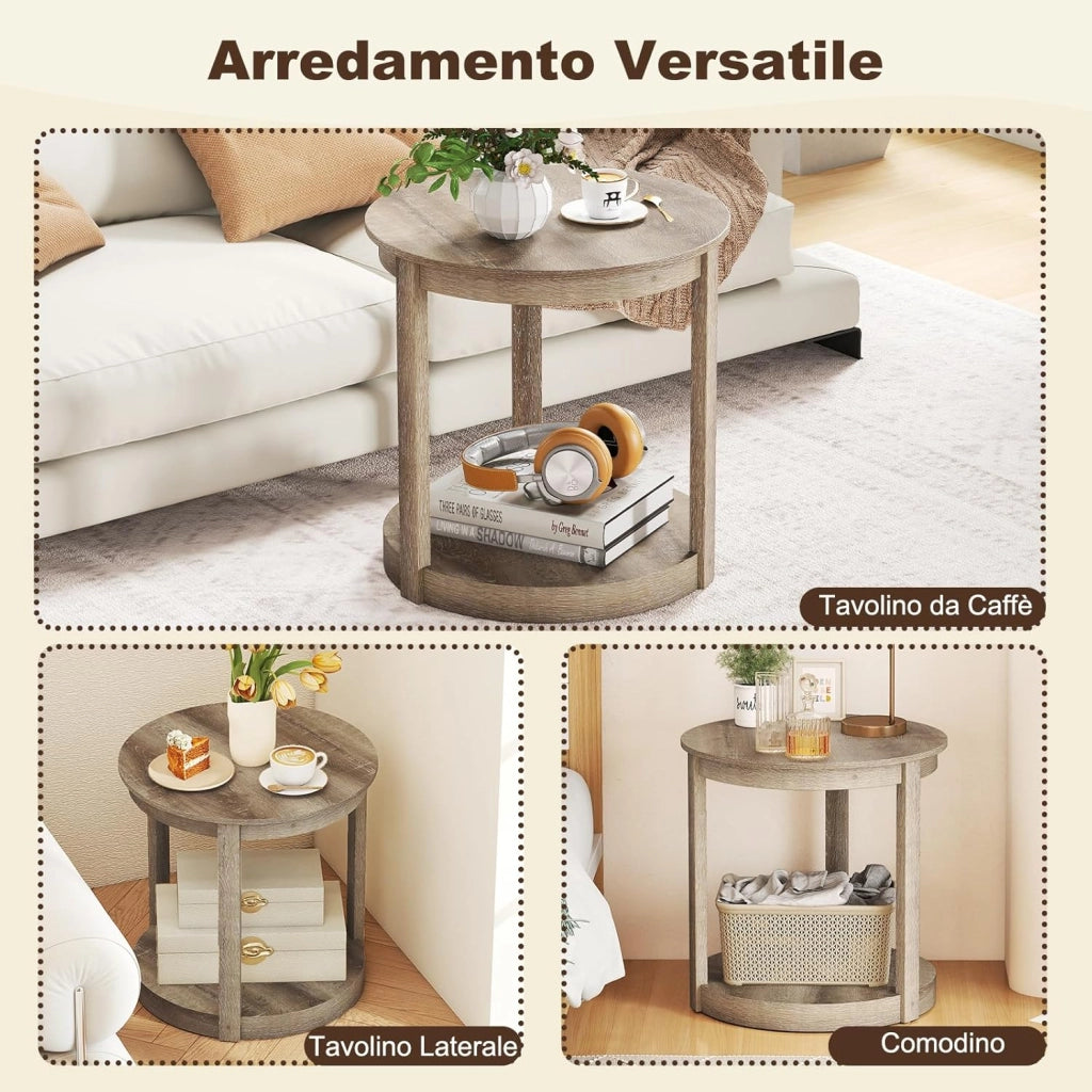 Tavolino Rotondo da Salotto, Tavolo da Caffè a 2 Livelli con Ripiano e Gambe in Legno di Gomma, Portata 160 kg, Tavolino in Legno per Soggiorno, Studio e Ufficio, 60,5 x 60,5 x 61 cm (Grigio)