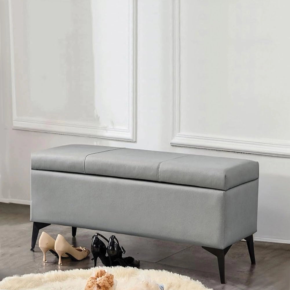 Cassapanca Contenitore Ecopelle Panca Pouf con Piedini in Metallo Grigio Chiaro