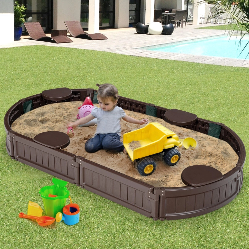 Recinto di sabbia ellittico 183cm con copertura impermeabile, Kit recinto di sabbia per bambini da esterno Marrone