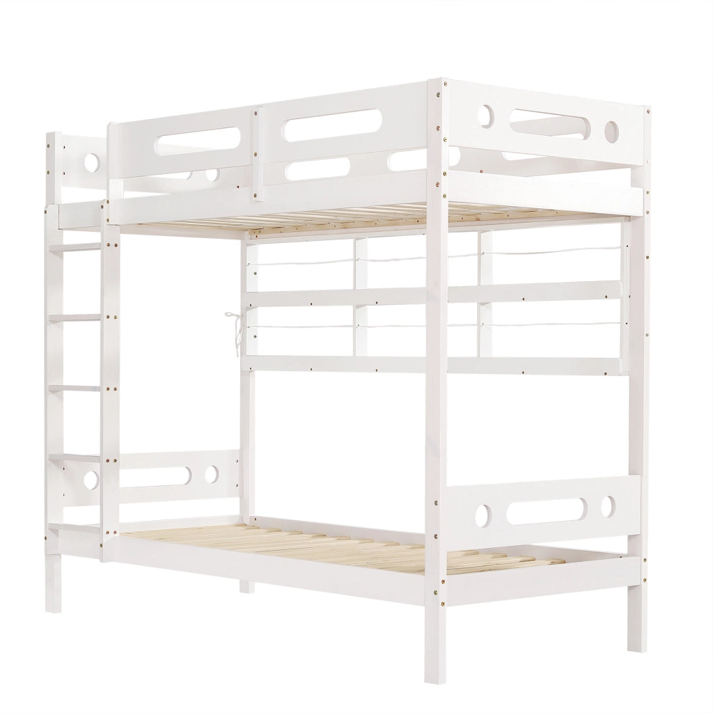 Letto a Castello Singolo con Ripiani e Scala ¨C MINIMAL ¨C Pino e MDF, Bianco, 90x200