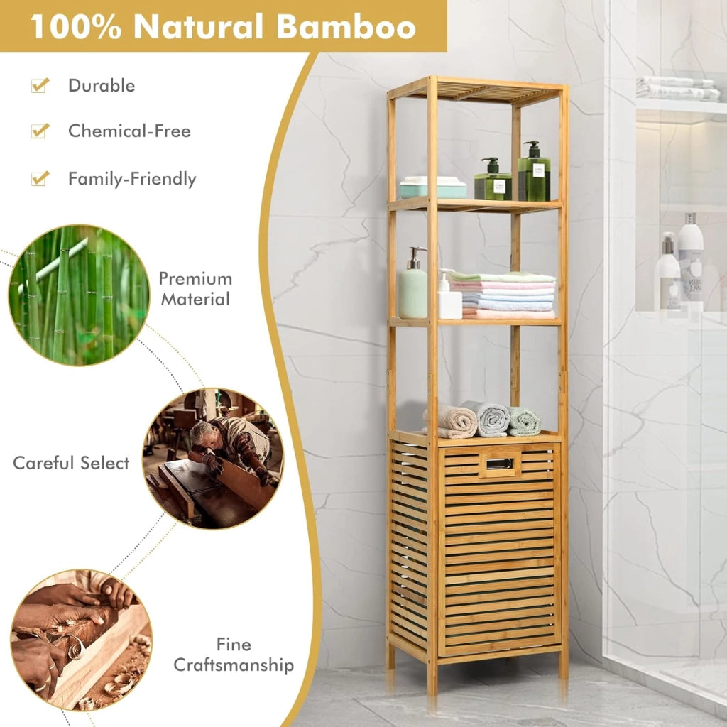 Scaffale Bagno in Bambù, Mobile da Bagno con Cesto Portabiancheria, Scaffalatura da Bagno, 3 Ripiani, Marrone, 40x33x160 cm