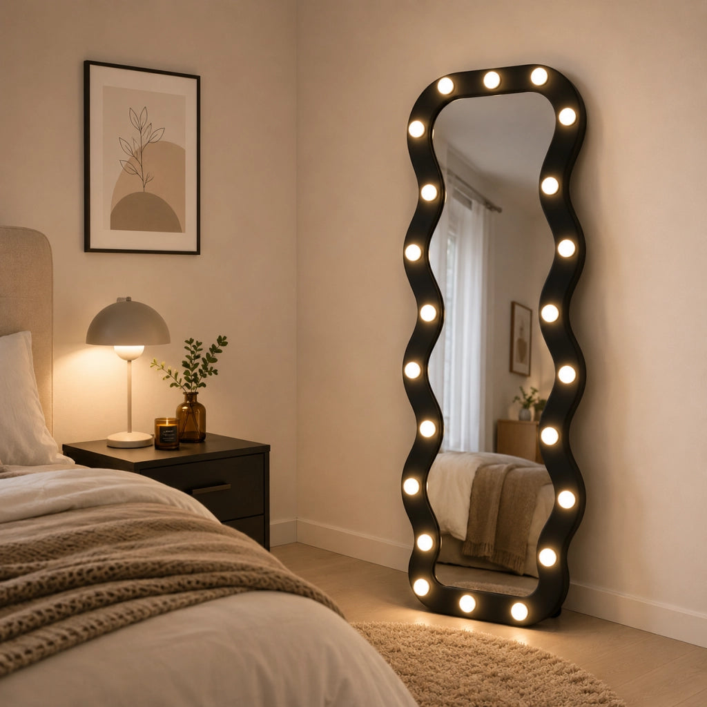 Specchio Grande Ondulato 60x160 cm con 20 Led, Cornice in Velluto Nero Moderno Accensione Touch